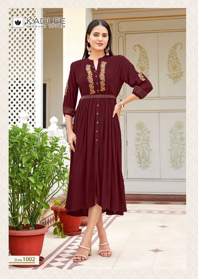 Aashmin By Kadlee Rayon Embroidered Designer Kurtis Wholesale Online
